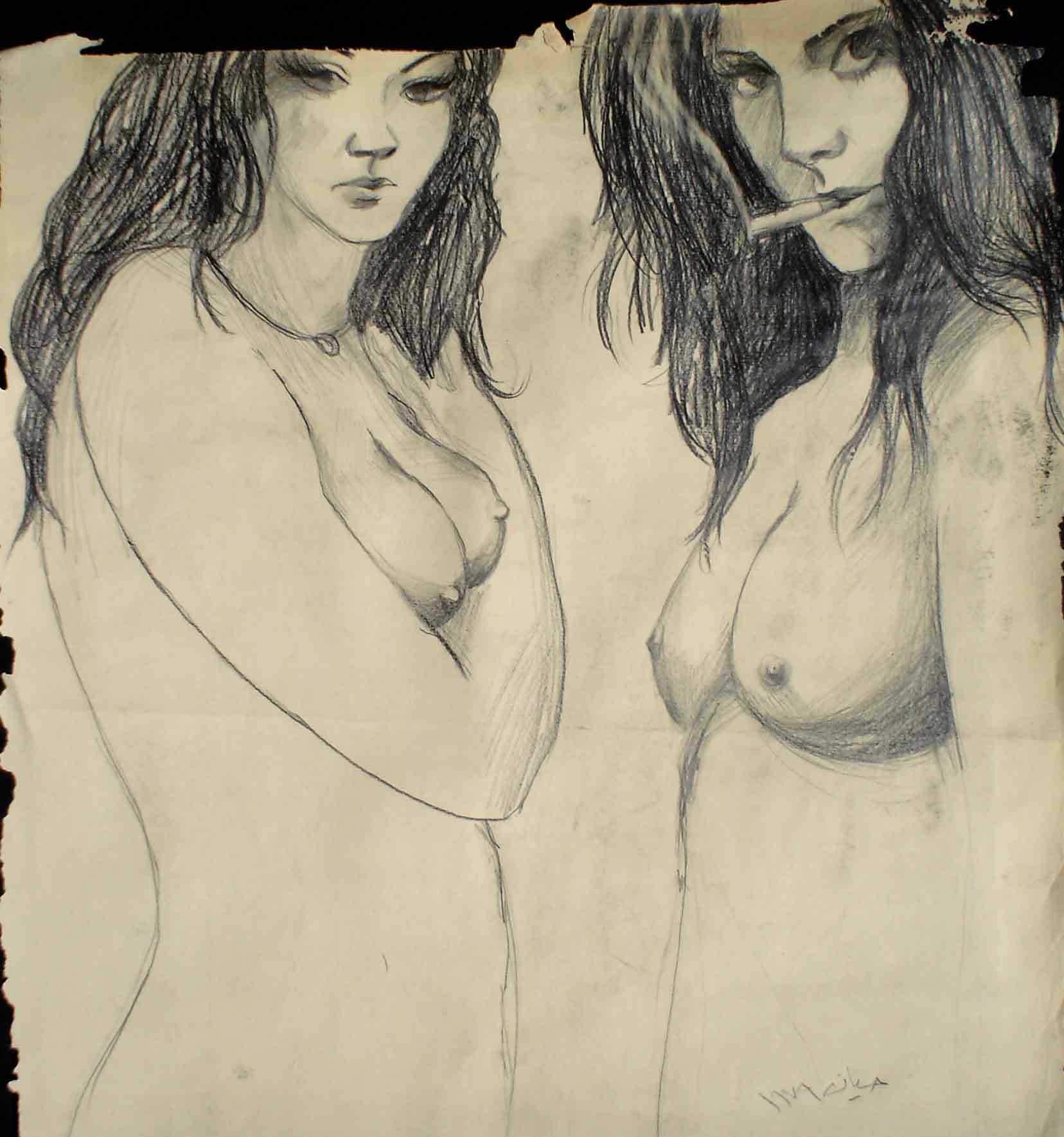 Two Woman Nude With Cigarette
